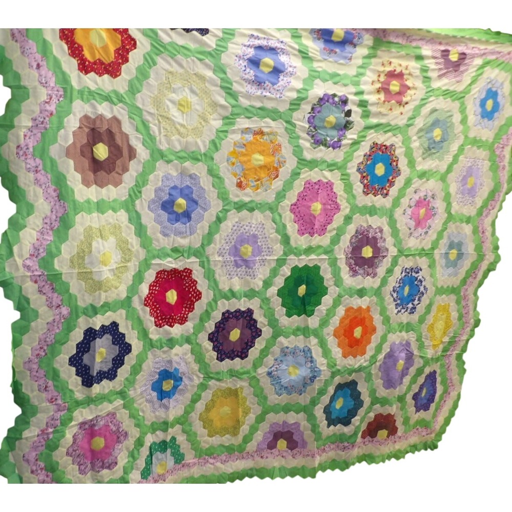 Vintage Handmade Grandmothers Flower Garden Quilt Top Hexagon Patchwork Mosaic
